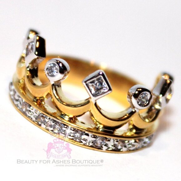 Cubic Zirconia Royalty Princess Clear CZ Two Tone Gold Plated Crown of Life Ring - Picture 4 of 5
